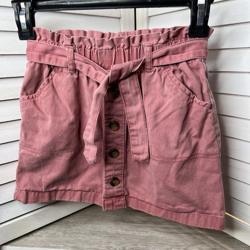 OshKosh B'gosh Girls Pink Cotton‎ Denim Button Front Skirt Size 7 with Belt HTF